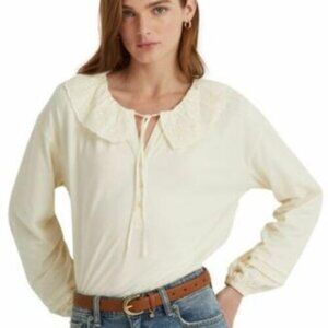Lauren Ralph Lauren Eyelet Collar Split Neck Top size XL